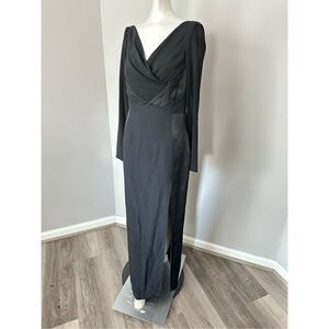 NWT Versace Enver Satin Surplice Long Sleeve Slit Maxi Gown Black $2895